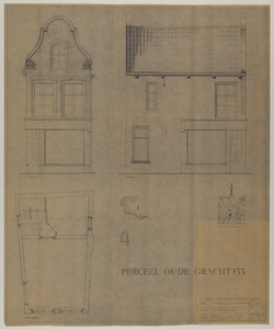 217674 Opstand van de voor- en zijgevel, plattegrond, details en situatie van het pand Oudegracht 133 te Utrecht.